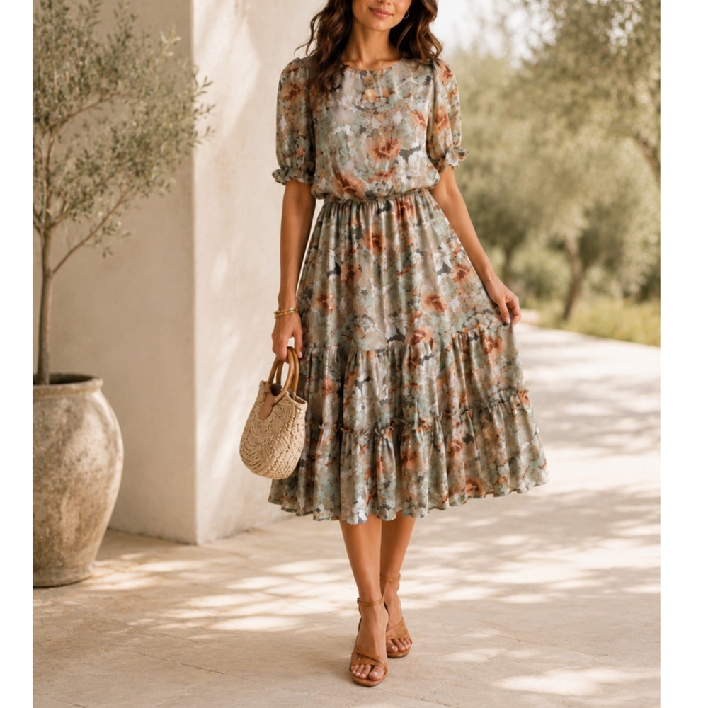 Jessakae Prairie Blouson Midi Dress XS Tiered Puff Sleeve Metallic Floral Rustic